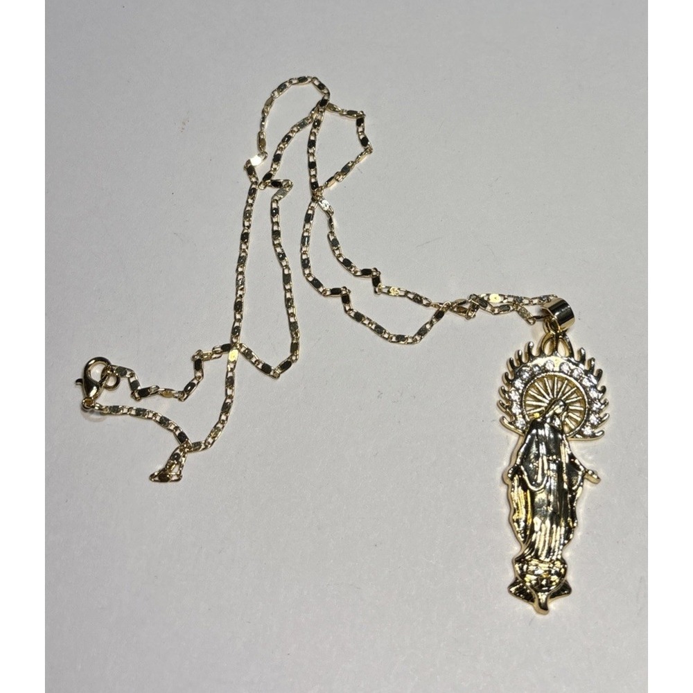 Our Lady of Guadalupe Necklace Goldtone Virgin Mary Crystal Halo Pendant